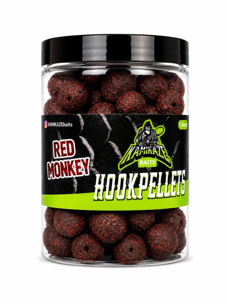Bote de Hook Pellets Red Monkey 14 mm Kamikaze Baits para pesca de carpas
